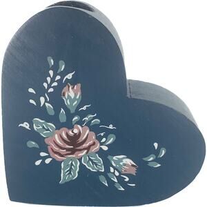 Vintage Wood Tapered Candle Holder Heart Roses Blue Pink White Green Side Tilted